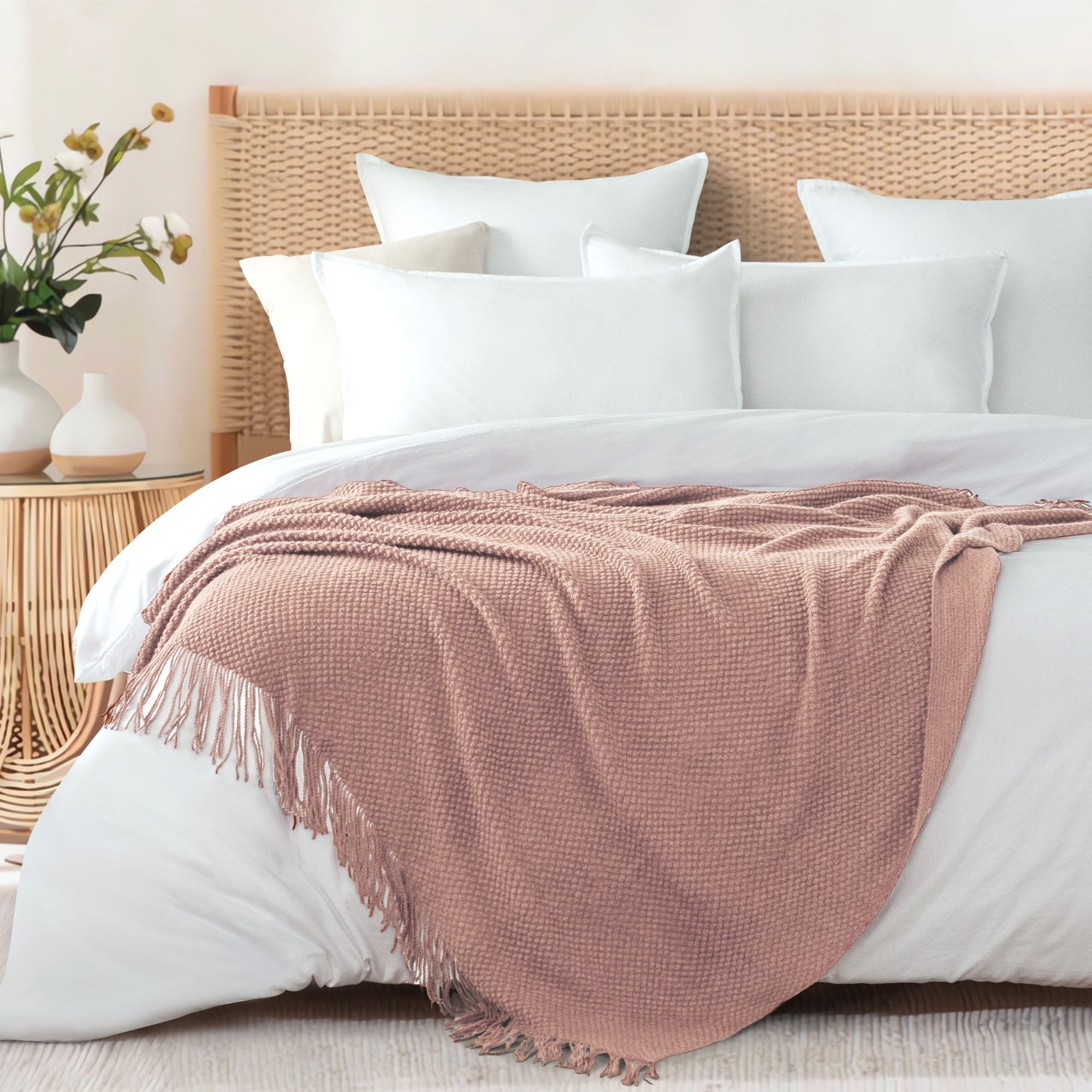 Micro Plush Knitted Woven Throw Blanket - Pink