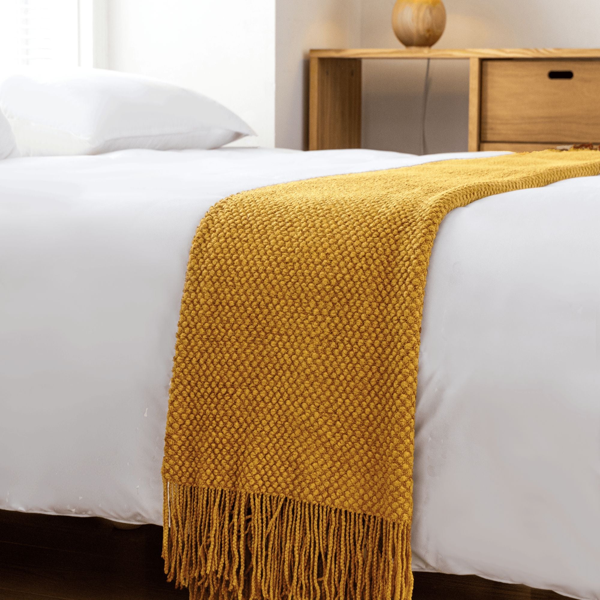 Micro Plush Knitted Woven Throw Blanket - Mustard