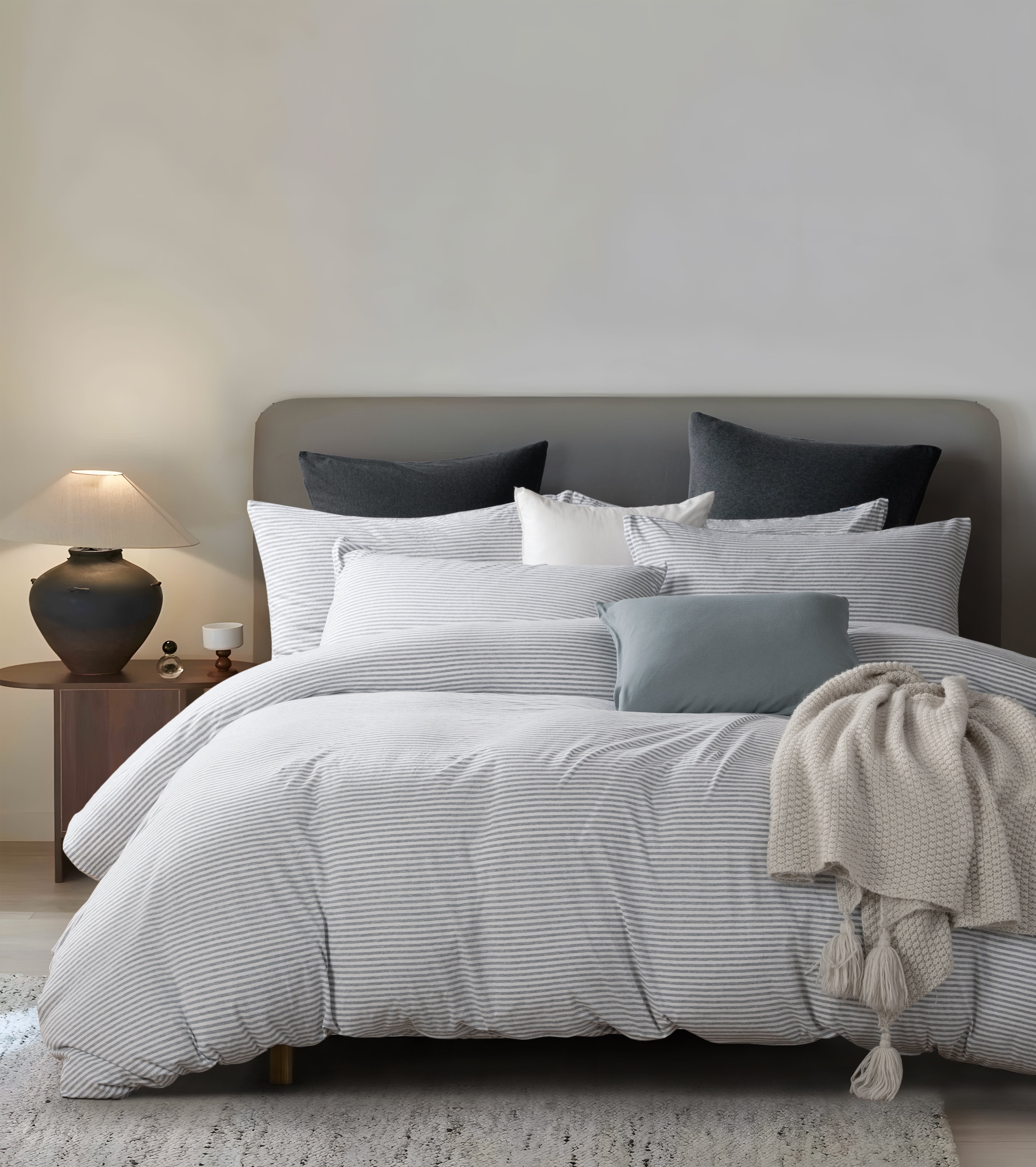 Jersey Cotton Quilt Covet Set - Grey Stripe