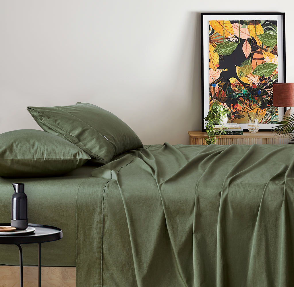 Vintage Washed Cotton Sheet Set with Matching Pillowcases - Khaki Green