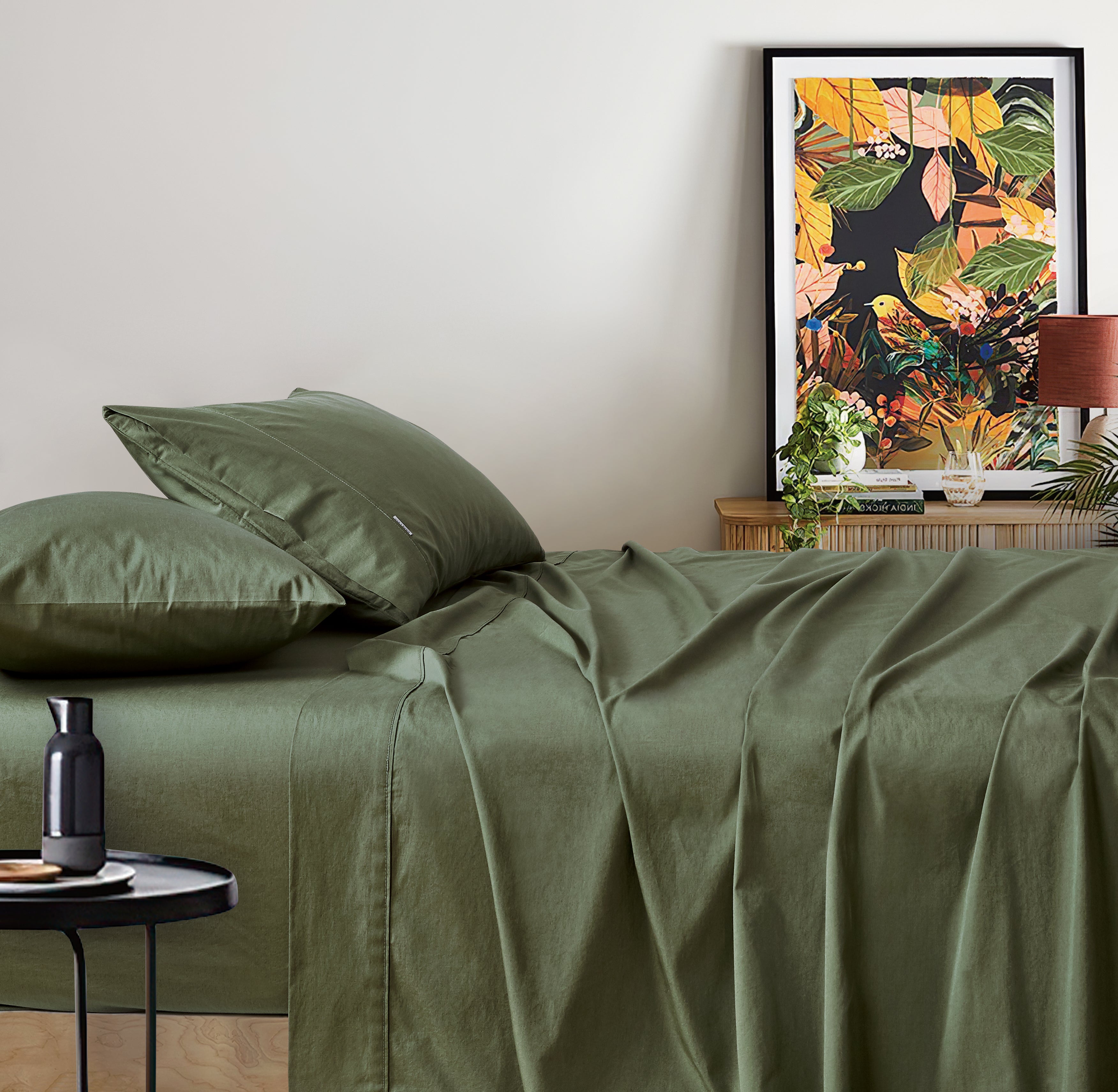 Vintage Washed Cotton Sheet Set with Matching Pillowcases - Khaki Green