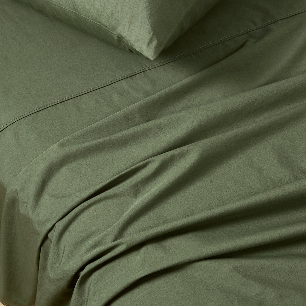 Vintage Washed Cotton Sheet Set with Matching Pillowcases - Khaki Green