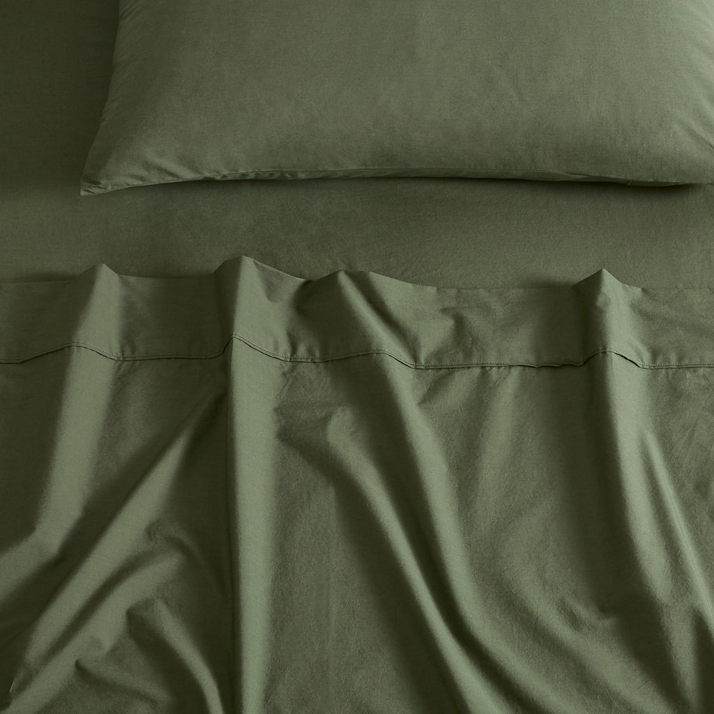 Vintage Washed Cotton Sheet Set with Matching Pillowcases - Khaki Green