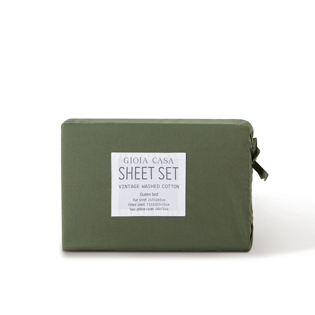 Vintage Washed Cotton Sheet Set with Matching Pillowcases - Khaki Green