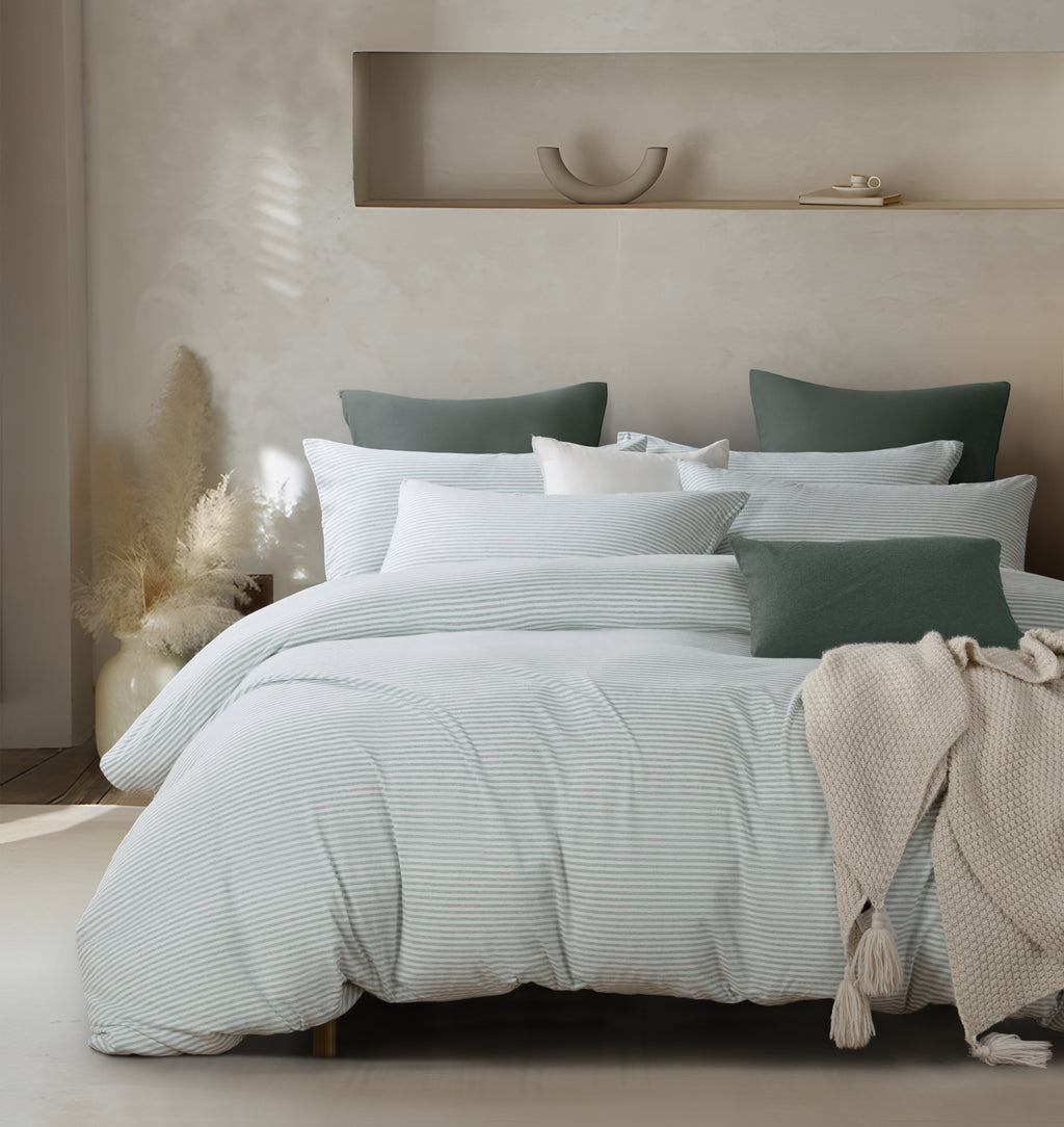 Jersey Cotton Quilt Cover Set - Sage Stripe