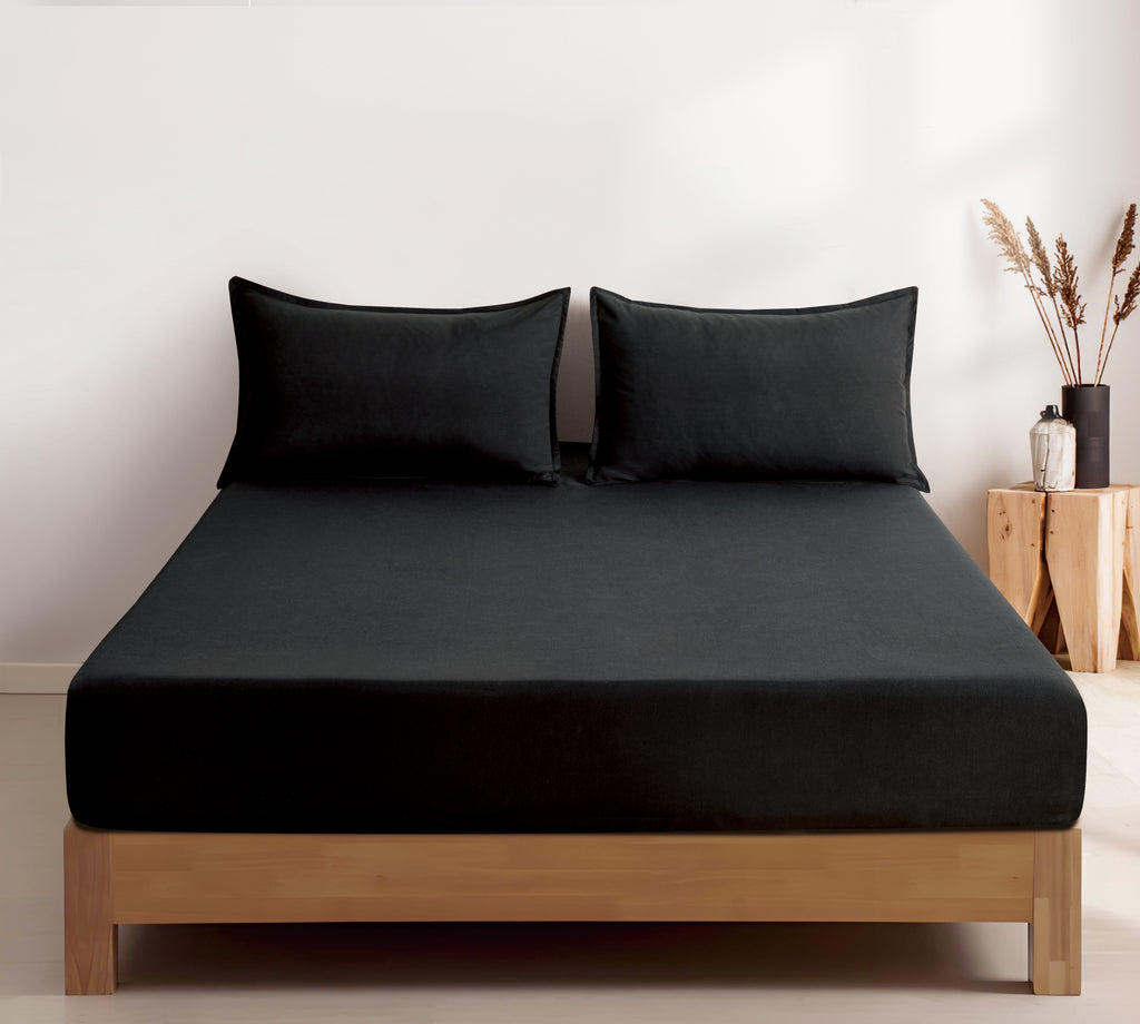 100% Vintage Washed Microfibre Fitted Sheet with Matching Pillowcases - Black