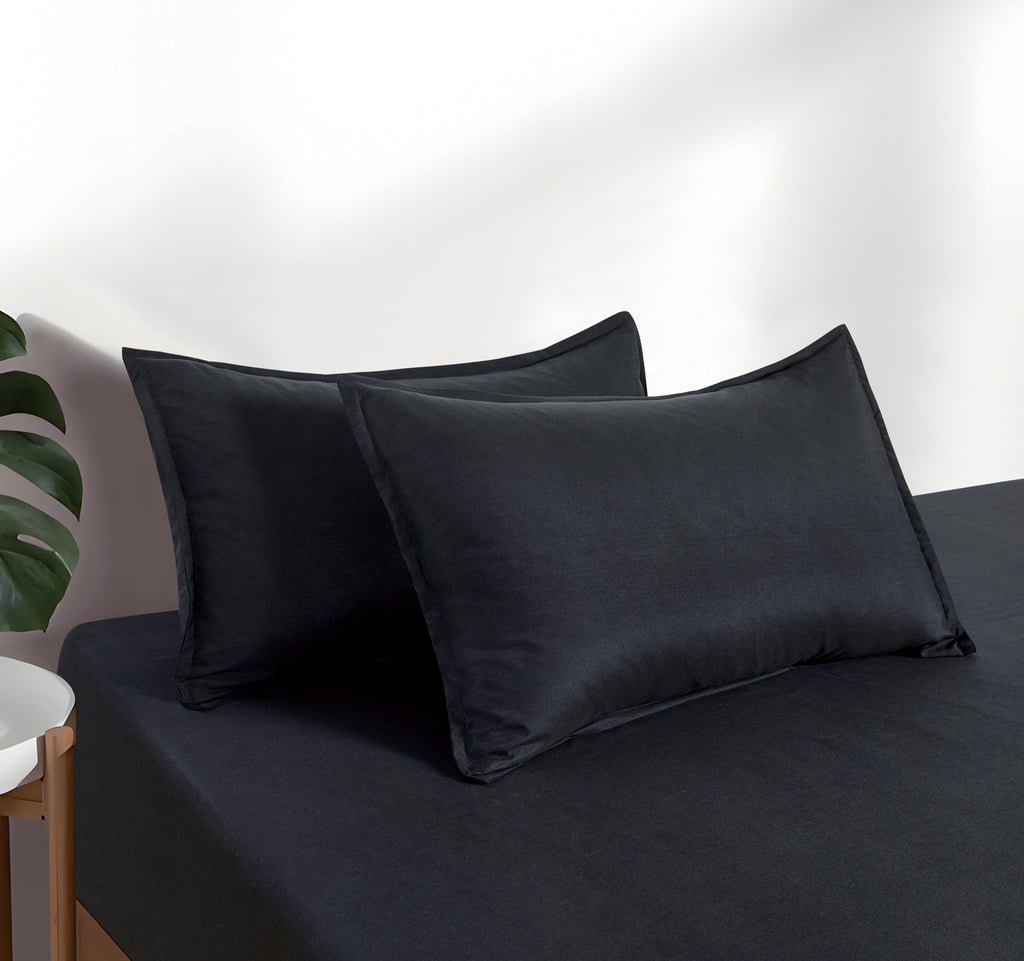 100% Vintage Washed Microfibre Fitted Sheet with Matching Pillowcases - Black