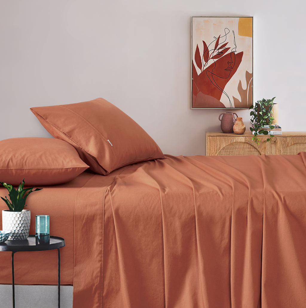 Vintage Washed Cotton Sheet Set with Matching Pillowcases - Brick