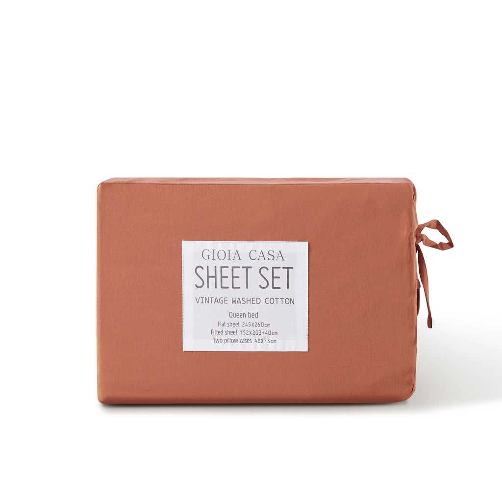 Vintage Washed Cotton Sheet Set with Matching Pillowcases - Brick