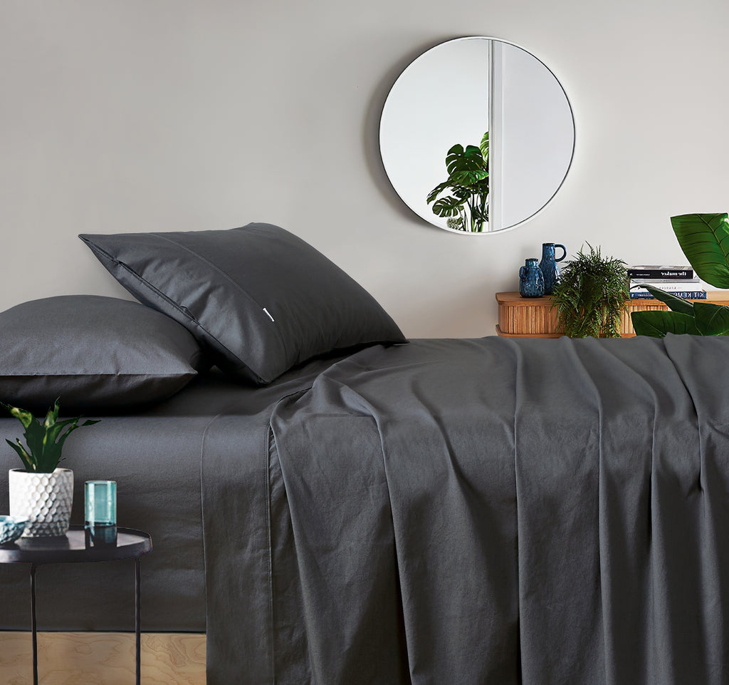 Vintage Washed Cotton Sheet Set with Matching Pillowcases - Charcoal