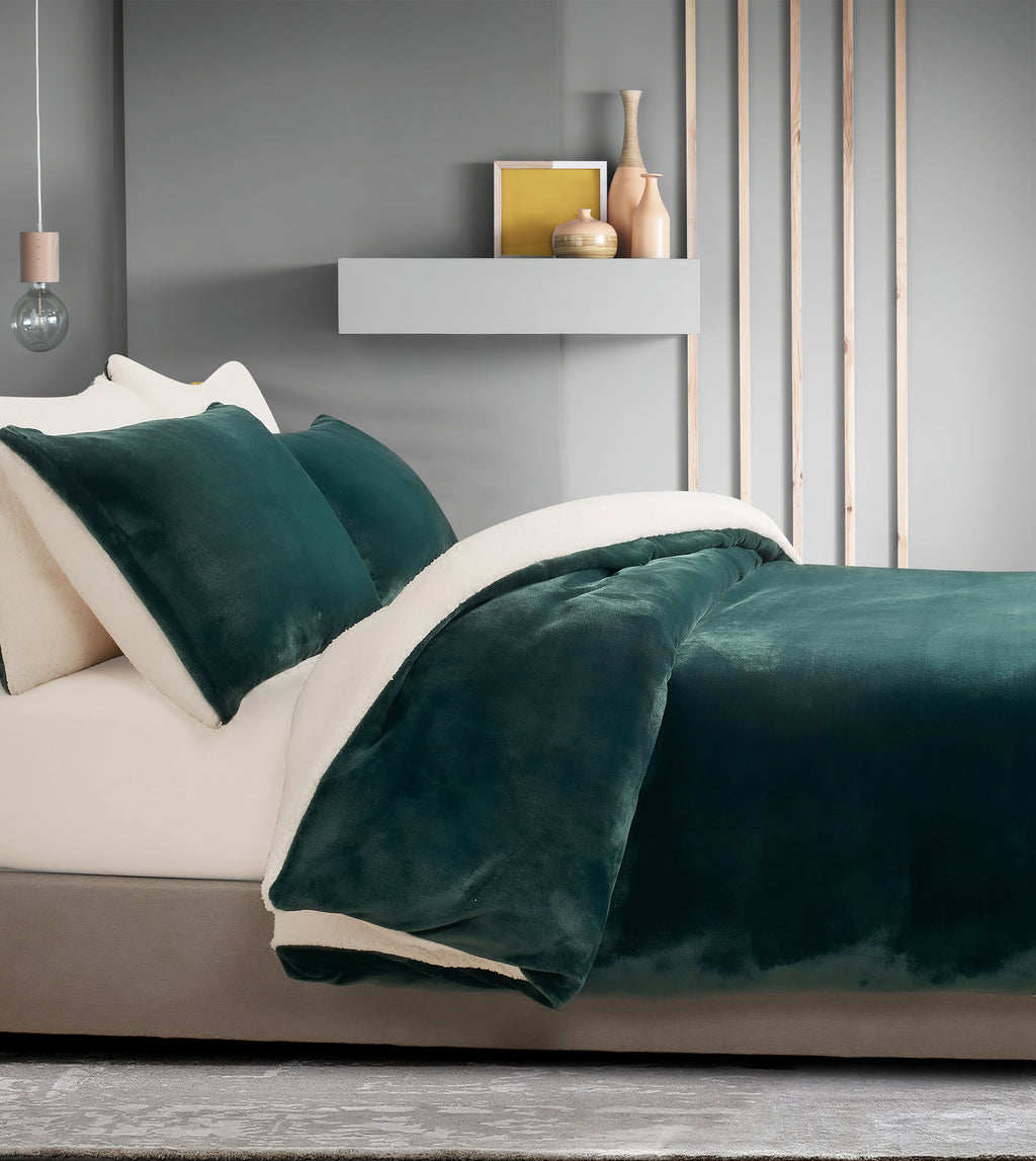 2-in-1 Teddy Sherpa Quilt Cover Set & Blanket - Emerald Green