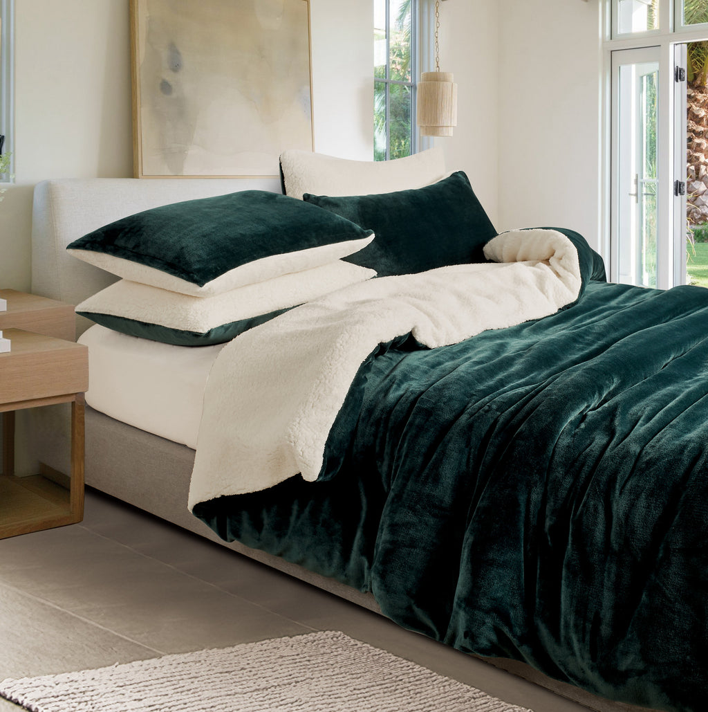 2-in-1 Teddy Sherpa Quilt Cover Set & Blanket - Emerald Green