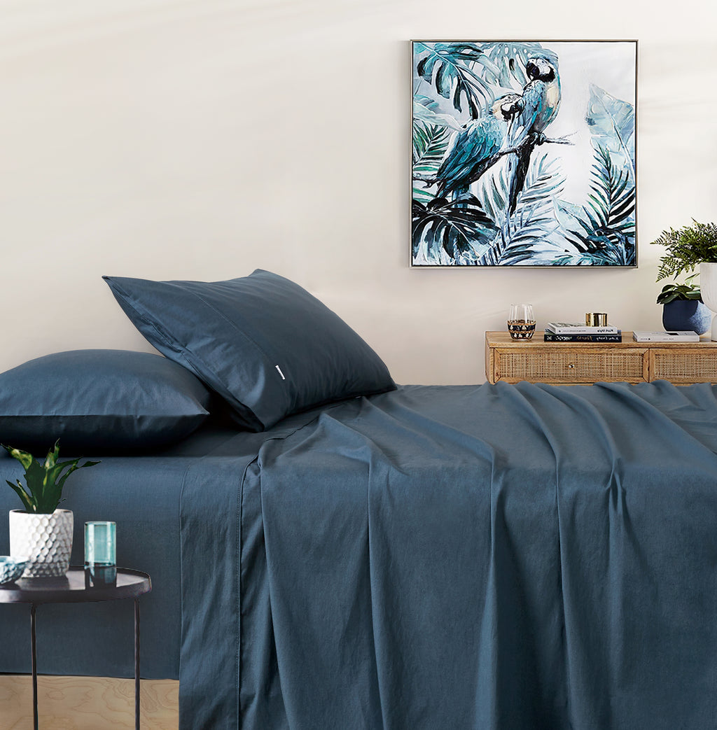 Vintage Washed Cotton Sheet Set with Matching Pillowcases - Dark Indigo