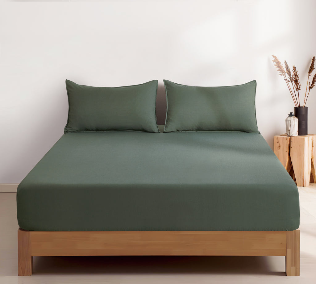 100% Vintage Washed Microfibre Fitted Sheet with Matching Pillowcases - Khaki Green
