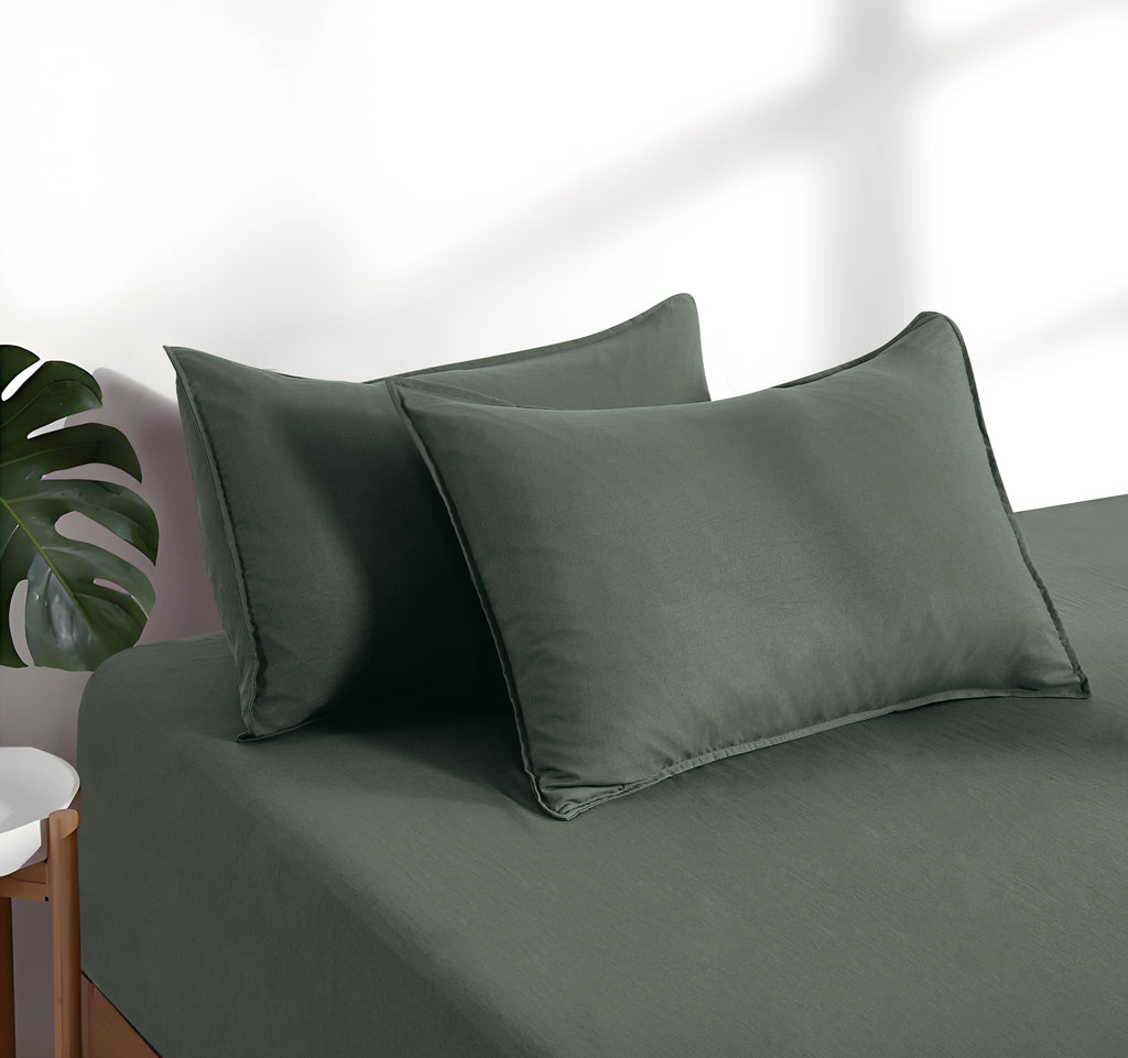 100% Vintage Washed Microfibre Fitted Sheet with Matching Pillowcases - Khaki Green
