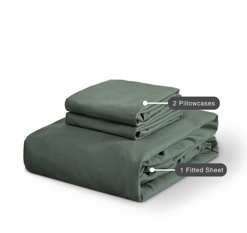 100% Vintage Washed Microfibre Fitted Sheet with Matching Pillowcases - Khaki Green