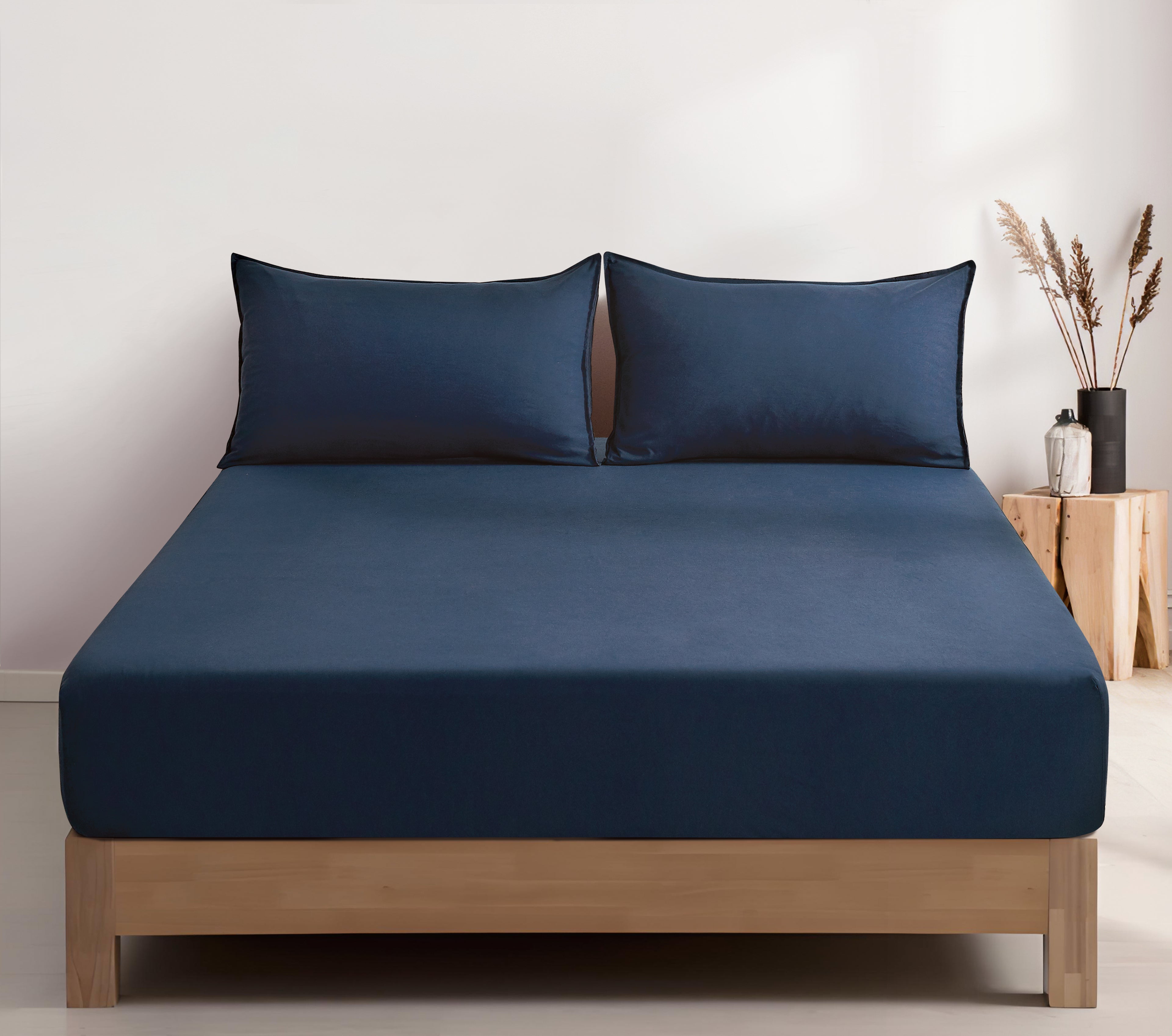 100% Vintage Washed Microfibre Fitted Sheet with Matching Pillowcases - Navy Blue