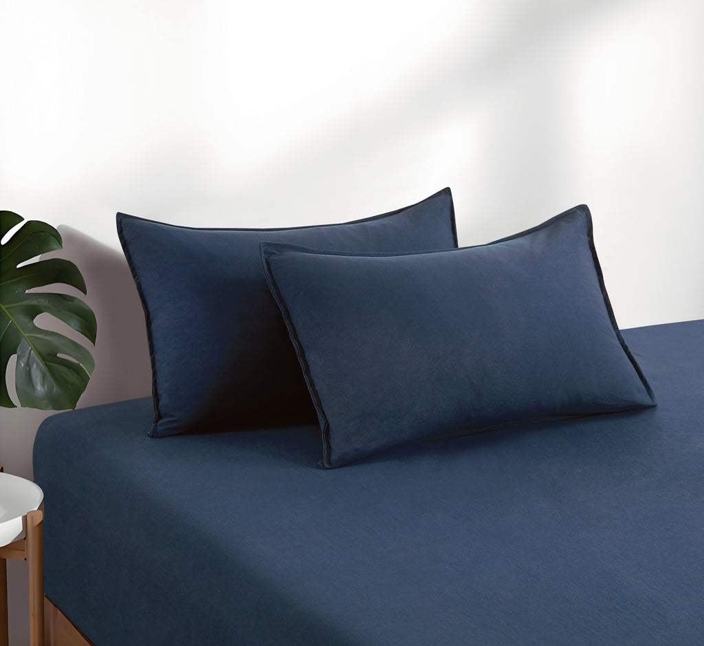 100% Vintage Washed Microfibre Fitted Sheet with Matching Pillowcases - Navy Blue