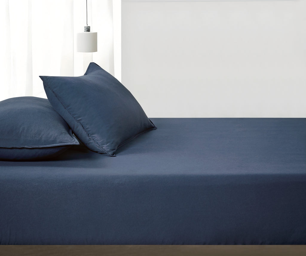100% Vintage Washed Microfibre Fitted Sheet with Matching Pillowcases - Navy Blue