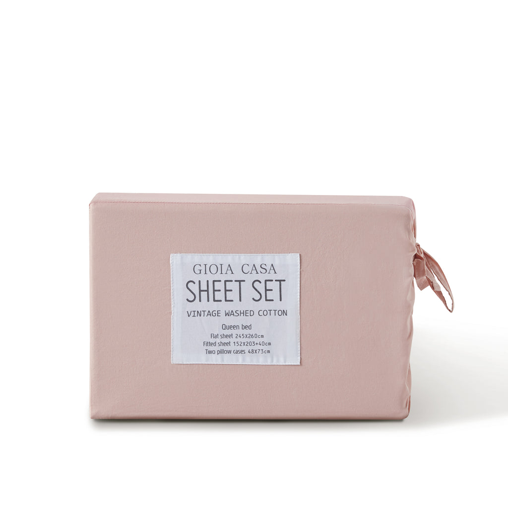 Vintage Washed Cotton Sheet Set with Matching Pillowcases - Pink