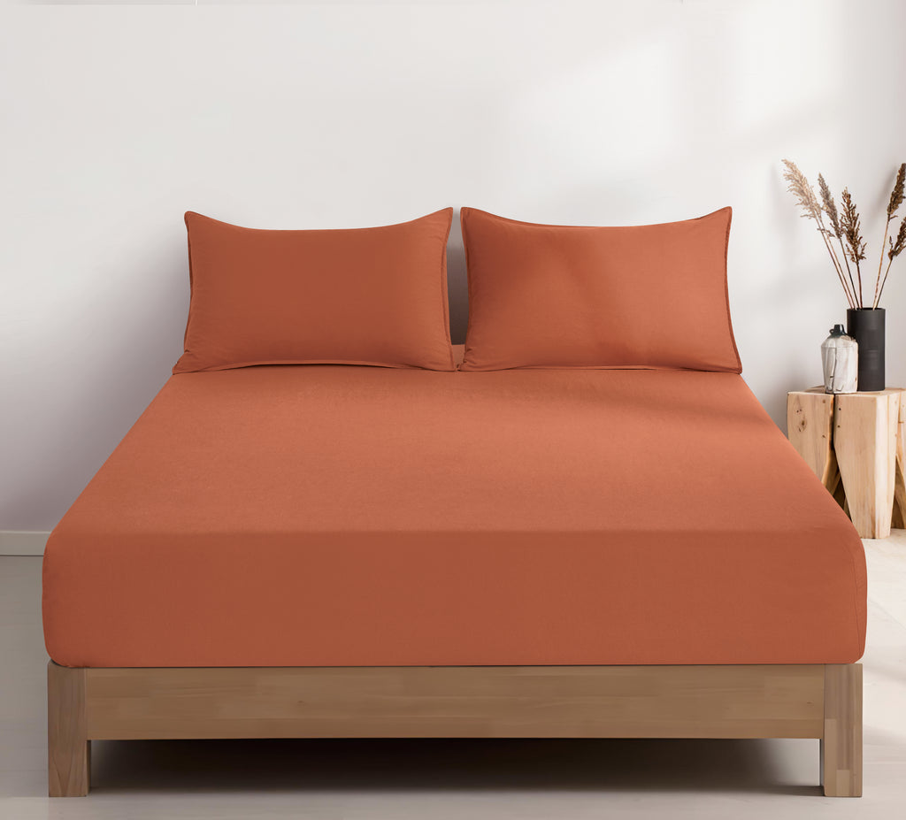 100% Vintage Washed Microfibre Fitted Sheet with Matching Pillowcases - Terracotta