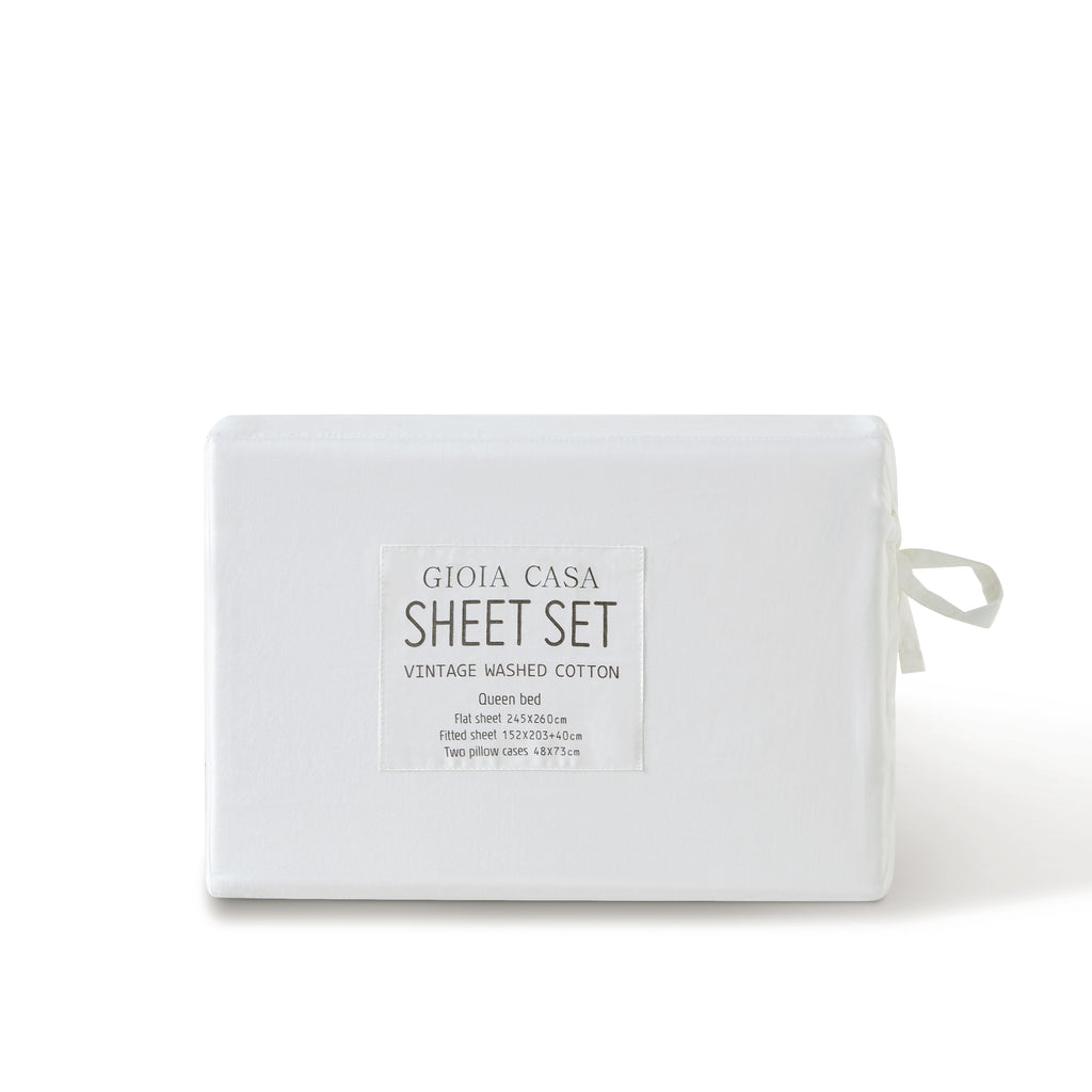 Vintage Washed Cotton Sheet Set with Matching Pillowcases - White